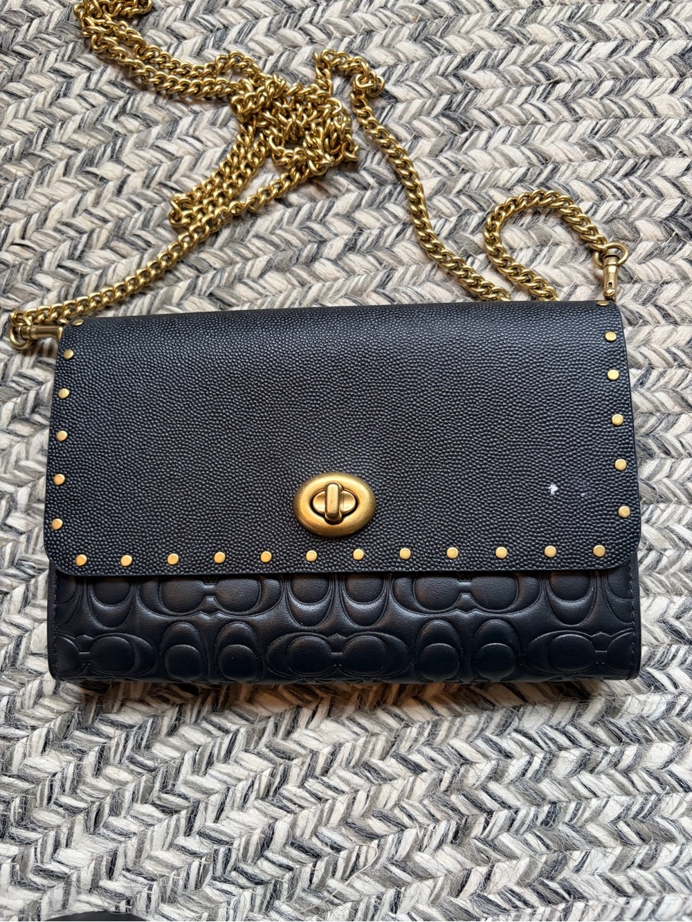 Coach Black Leather Crossbody Wallet with Gold-Tone Chain and Studs